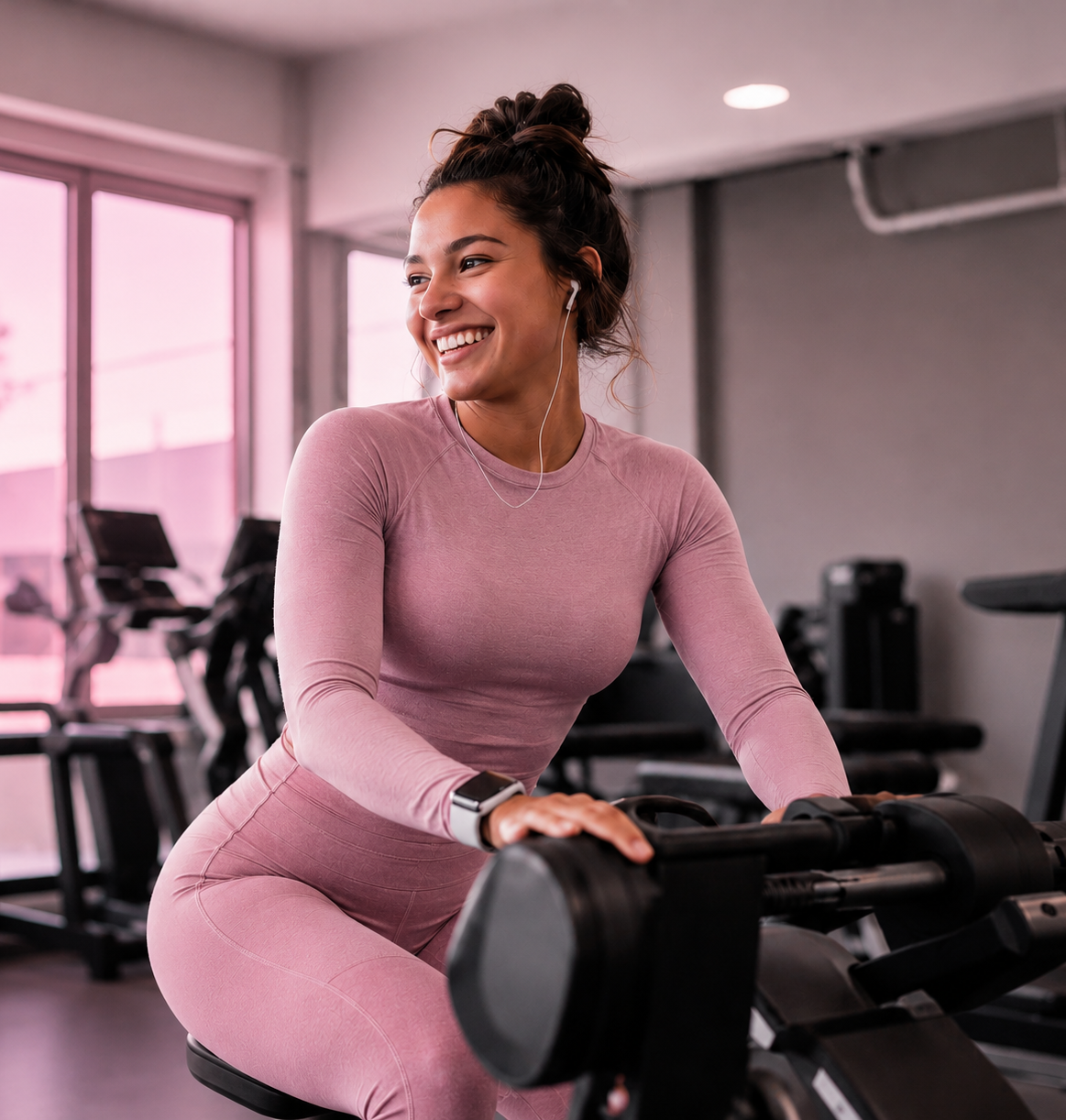 A smiling woman training on gym equipment at Ladies Fitness